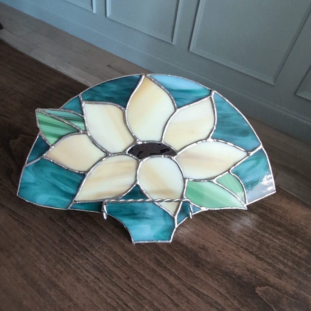 Handmade Stained Glass Sunflower Tabletop Suncatcher Teal Blue Green Floral